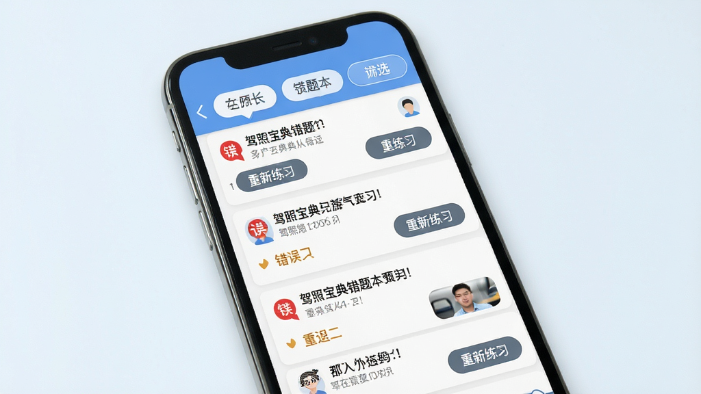 驾照宝典错题本功能预览图,画面中手机屏幕显示错题列表,每道题带有红色错误标记和重新练习按钮,顶部有筛选标签,背景为浅色,风格清爽,细节清晰,画质干净,无多余元素