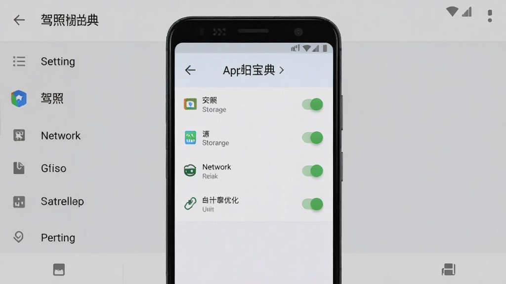 驾照宝典安卓手机安装权限设置界面预览图,画面中手机屏幕显示应用权限管理页面,包含存储、网络、电池优化等选项开关,背景为系统设置界面风格,细节清晰,画质干净,无多余元素