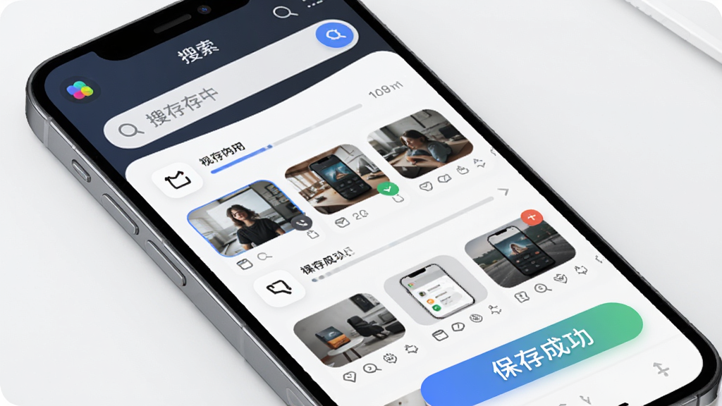 快存软件主界面展示,主体为手机屏幕中显示视频保存列表与功能按钮,布局为上下结构上方为搜索栏下方为已保存内容缩略图,排版整齐清晰,风格为现代简约科技风,细节包括图标圆角设计、进度条动画、保存成功提示,画质高清干净无多余元素