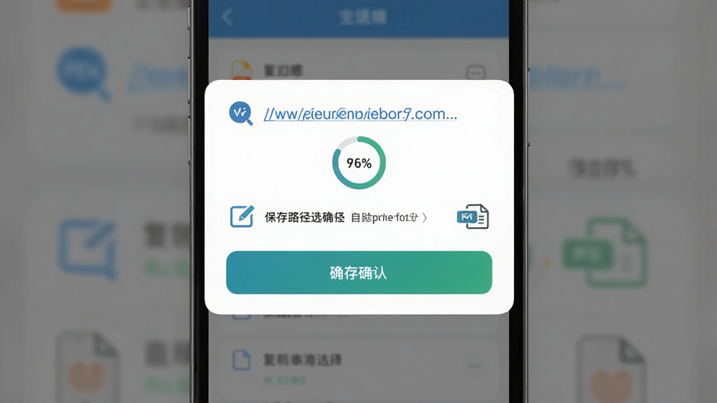 快存一键保存功能展示,主体为手机界面中显示复制链接后自动弹出保存确认框,布局为居中弹窗配合背景模糊效果,排版突出确认按钮与保存路径选择,风格为扁平化设计,细节包括链接识别图标、进度环、文件格式标识,画质清晰干净无多余元素