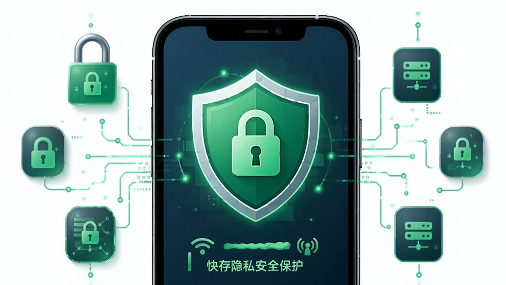 快存隐私安全保护概念图,主体为手机屏幕中显示盾牌图标与本地存储标识,布局为居中构图周围环绕加密锁与数据图标,风格为安全科技风,细节包括绿色安全色、本地存储文字、无网络传输标识,画质清晰干净无多余元素
