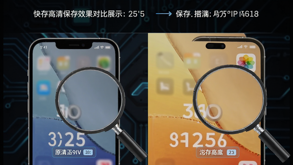 快存高清保存效果对比展示,主体为手机屏幕中左右分屏显示原画质与保存后画质,布局为对比式排版上方标注分辨率信息,风格为科技感深色背景,细节包括清晰度数值、放大镜效果、画质标签,画质高清干净无多余元素