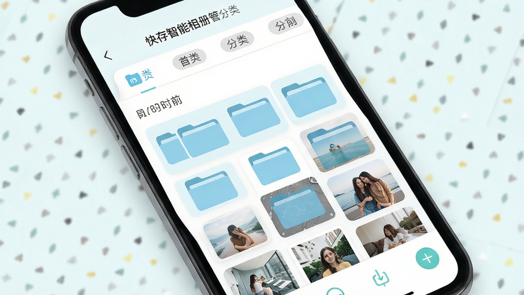 快存智能相册管理界面,主体为手机屏幕显示分类文件夹与缩略图网格,布局为顶部标签栏下方瀑布流内容,排版清晰有序,风格为清新浅色系,细节包括文件夹图标、时间分组标签、多选操作按钮,画质高清干净无多余元素