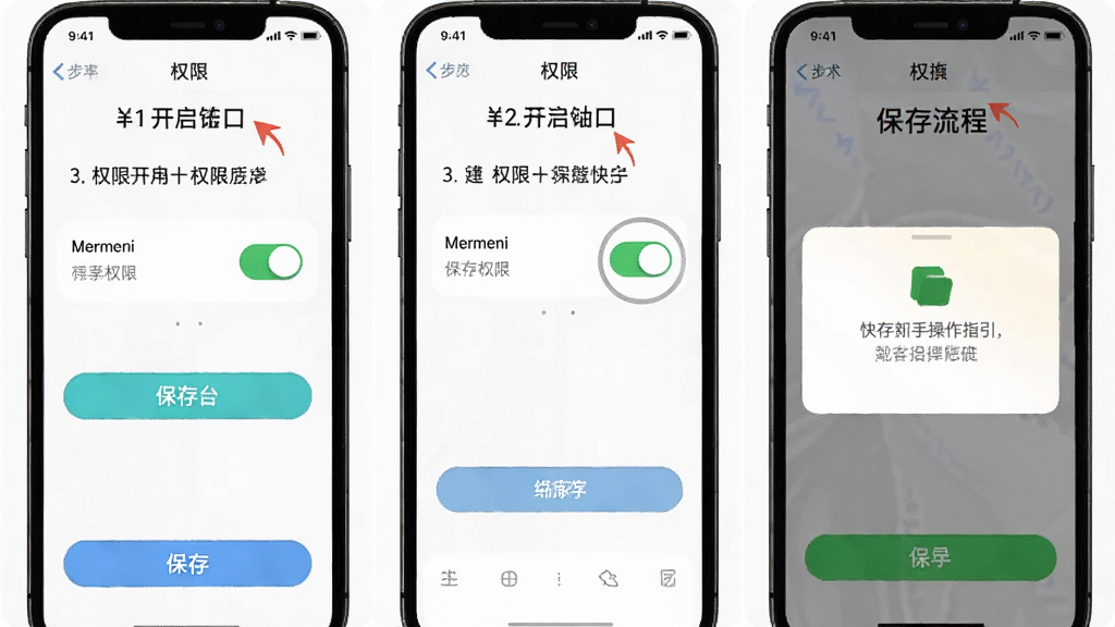 快存新手操作指引图,主体为手机屏幕显示权限开启步骤与保存流程,布局为分步截图排列从上到下,排版每步配有文字说明,风格为教程类清晰直观,细节包括权限开关、保存按钮、完成提示,画质高清干净无多余元素