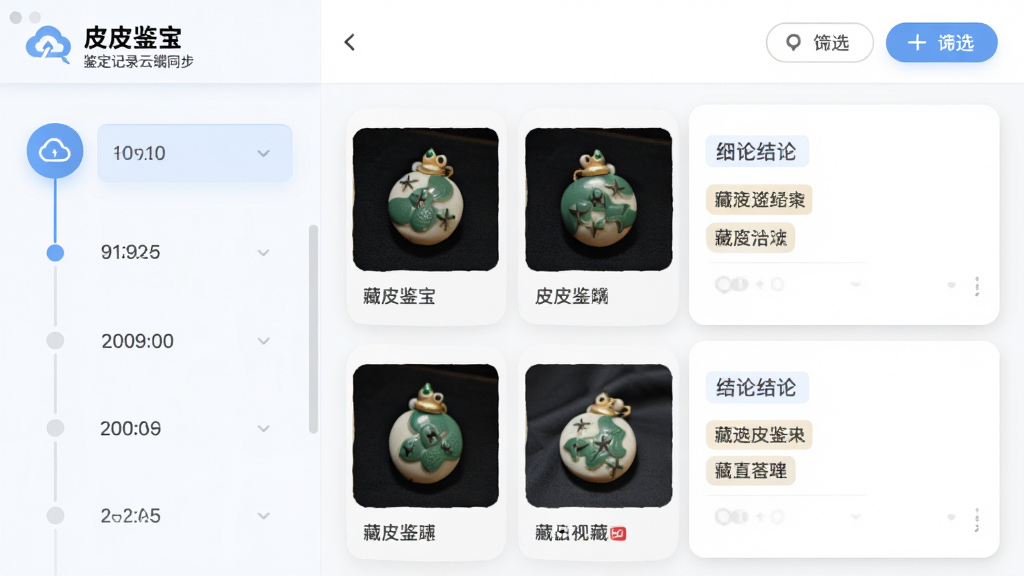 主体为“皮皮鉴宝”鉴定记录云端同步界面,布局为分栏结构,左侧为时间轴列表,右侧为藏品缩略图与结论标签,排版清晰,风格为简约商务风,细节包含云朵同步图标、筛选按钮、柔和的阴影层次,画质为高清,干净,无多余元素