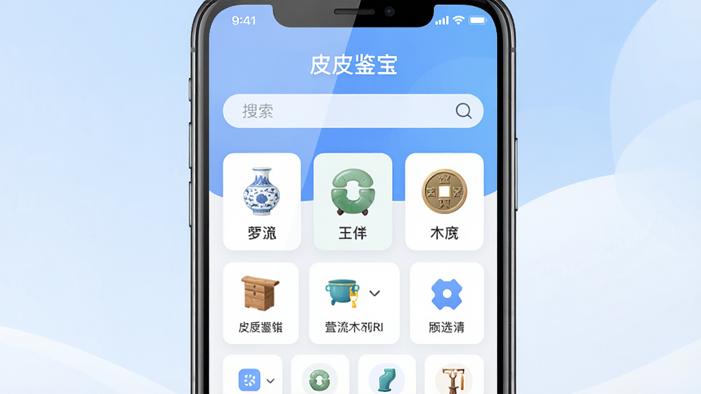 主体为一部智能手机居中放置,屏幕内显示“皮皮鉴宝”应用界面,界面中包含瓷器、玉器、钱币、木器四个分类图标,布局采用上下结构,上方为应用名称与搜索框,下方为功能卡片网格,排版整齐,风格为现代扁平化科技感,细节包含柔和的蓝白渐变背景、清晰的图标线条、屏幕反光质感,画质为高清4K,干净,无多余元素
