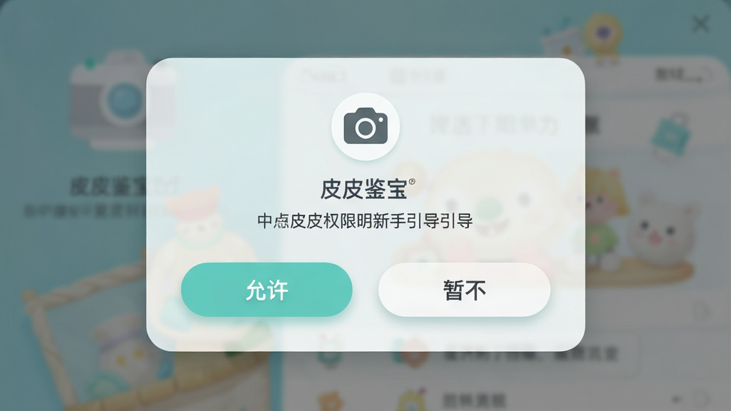 主体为“皮皮鉴宝”新手引导界面,布局为居中弹窗结构,上方为相机图标与权限说明文字,下方为“允许”与“暂不”两个按钮,排版简洁,风格为清新浅色,细节包含半透明遮罩、圆角按钮、柔和阴影,画质为高清,干净,无多余元素