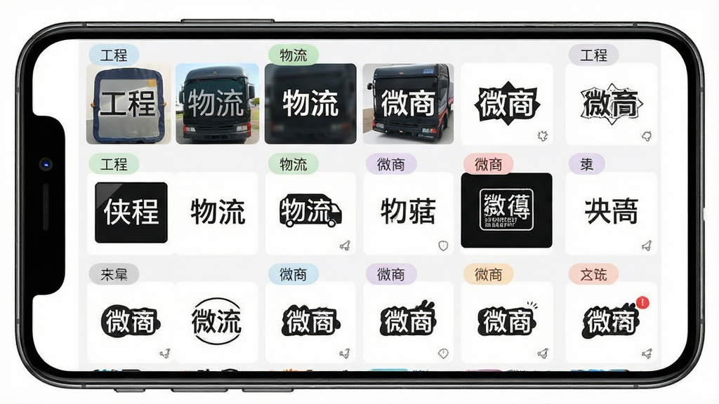一张展示今日侠水印相机海量模板随心选功能的界面截图,主体为手机屏幕,屏幕内展示着排列整齐的水印模板缩略图,包含工程、物流、微商等分类标签,布局采用网格化排版,风格为扁平化UI设计风,细节要求图标清晰、分类明确,画质干净,无多余元素