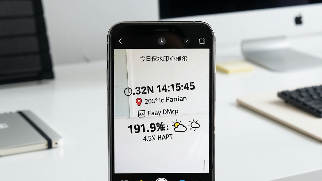 一张展示今日侠水印相机应用界面的产品宣传图,主体为一部智能手机,屏幕中央显示着带有时间、地点、天气信息的工程验收水印照片,背景是整洁的办公桌面,布局采用居中构图,风格为现代科技简约风,细节包含手机边缘的高光反射与屏幕内清晰的水印文字排版,画质清晰,干净,无多余元素