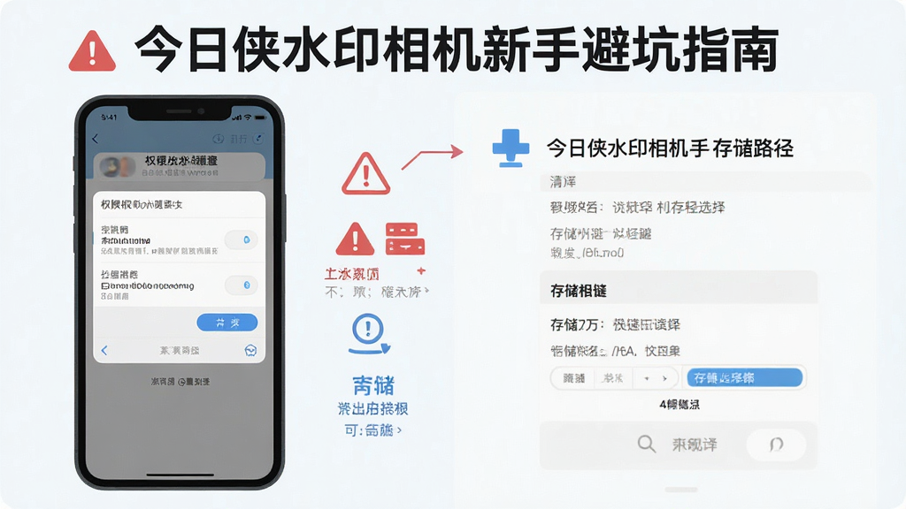 一张展示今日侠水印相机新手避坑指南的示意图,主体为手机屏幕,屏幕上显示着权限设置界面与存储路径选择界面,布局采用上下分栏排版,风格为扁平化教程风,细节包含红色的警告图标与蓝色的提示图标,画质清晰,干净,无多余元素