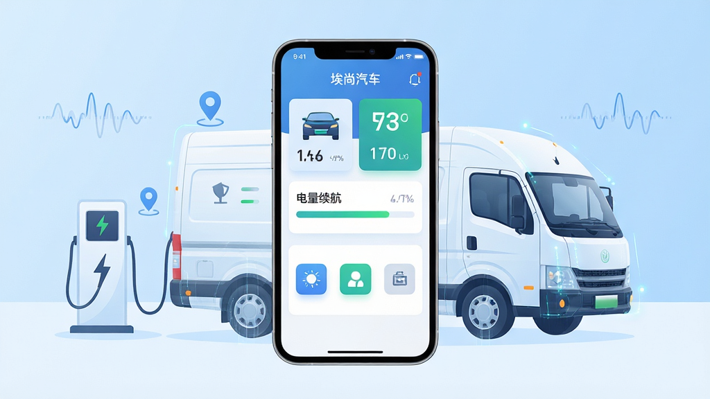 画面中央展示一部智能手机,手机屏幕内呈现埃尚汽车APP的主界面,界面中包含车辆状态卡片、电量续航进度条、远程控制按钮图标。手机周围环绕一辆白色新能源商用车,车辆以半透明科技感线条勾勒。背景为干净的浅蓝渐变色调,布局采用居中对称构图,风格为扁平化科技插画,细节包含充电桩图标、定位标记、数据波形等元素,画质高清、画面干净、无多余元素,图片中文字标注“埃尚汽车”。