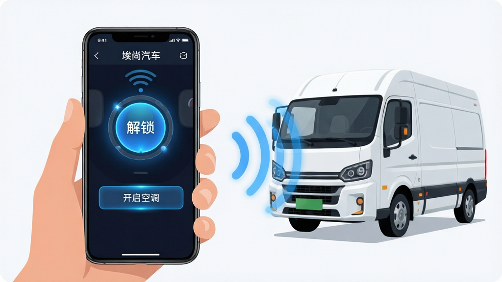 画面主体为一只手握持智能手机,手机屏幕显示埃尚汽车APP的远程控制界面,界面中有一个醒目的圆形“解锁”按钮和“开启空调”按钮。手机后方是一辆白色新能源商用车,车辆周围有无线信号波纹从手机连接到车辆。布局为左右结构,左侧手机、右侧车辆。风格为现代扁平科技风,细节包含蓝色光效、按钮高光、信号图标,画质清晰、画面干净、无多余元素,图片中文字标注“埃尚汽车”。