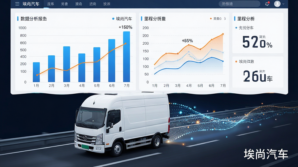 画面主体为一张数据分析报表界面,报表中包含柱状图、折线图和里程数字。报表旁边有一辆白色商用车行驶在道路上,车后拖出一条由数据点组成的光带。布局为上下结构,上方报表、下方车辆与道路。风格为现代数据科技风,细节包含蓝色柱状条、橙色折线、百分比数字,画质高清、画面干净、无多余元素,图片中文字标注“埃尚汽车”。