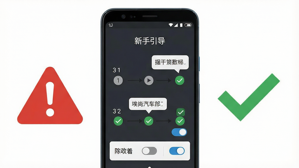 画面展示一部安卓手机屏幕,屏幕中显示埃尚汽车APP的“新手引导”页面,页面中有步骤指示箭头和勾选标记。手机旁边有一个红色警告标志和一个绿色对勾标志。布局为居中构图,手机居中、标志分列两侧。风格为简洁扁平教程风,细节包含步骤数字、提示气泡、权限开关图标,画质清晰、画面干净、无多余元素,图片中文字标注“埃尚汽车”。