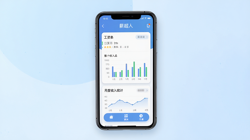 一张以“薪超人”软件为主题的手机应用界面展示图,主体为一部竖屏智能手机,屏幕中央显示薪超人应用主界面,包含工资条列表、月度收入统计图表与功能菜单按钮,布局简洁清晰,背景为浅蓝色渐变,风格为现代扁平化UI设计,细节包括圆角卡片、柔和阴影、数据可视化柱状图,画质高清,画面干净,无多余元素