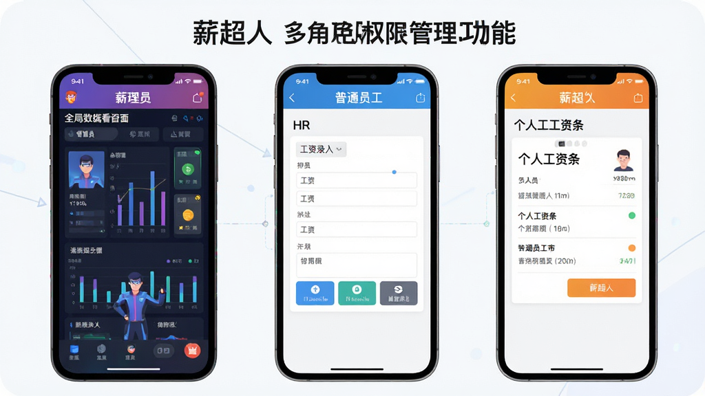 一张以“薪超人”多角色权限管理功能为主题的示意图,主体为三个并排的手机屏幕,分别显示管理员、HR、普通员工三种角色的薪超人界面,管理员界面显示全局数据看板,HR界面显示工资录入表单,员工界面显示个人工资条,布局为横向排列的三屏展示,风格为科技感扁平化设计,细节包括不同角色界面用不同主题色区分,画质高清,画面干净,无多余元素