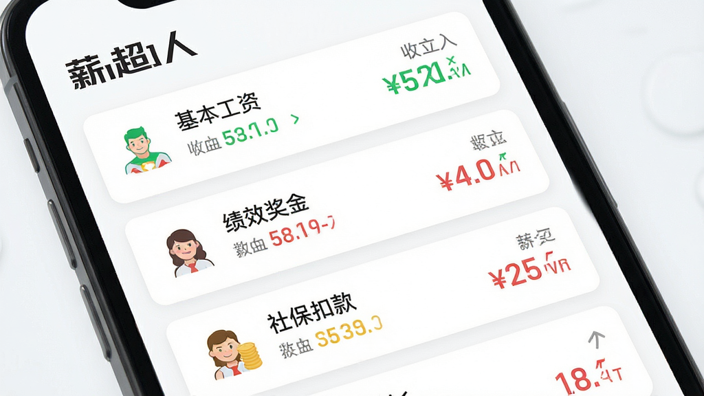 一张以“薪超人”薪资明细功能为主题的界面展示图,主体为手机屏幕特写,屏幕中显示薪资明细列表,包含基本工资、绩效奖金、社保扣款等条目,每项配有图标与金额数字,布局为上下排列的卡片式列表,风格为清新简约的移动端UI,细节包括绿色收入数字与红色扣款数字的对比色设计,画质高清,画面干净,无多余元素