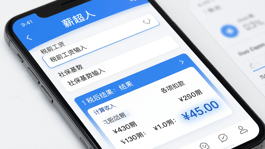 一张以“薪超人”个税估算功能为主题的界面展示图,主体为手机屏幕,屏幕中显示个税计算器页面,包含税前工资输入框、社保基数输入框、计算结果展示区域,结果区域显示税后收入与各项扣款金额,布局为表单加结果卡片的组合,风格为专业金融类移动端UI,细节包括蓝色主色调与数字高亮显示,画质高清,画面干净,无多余元素