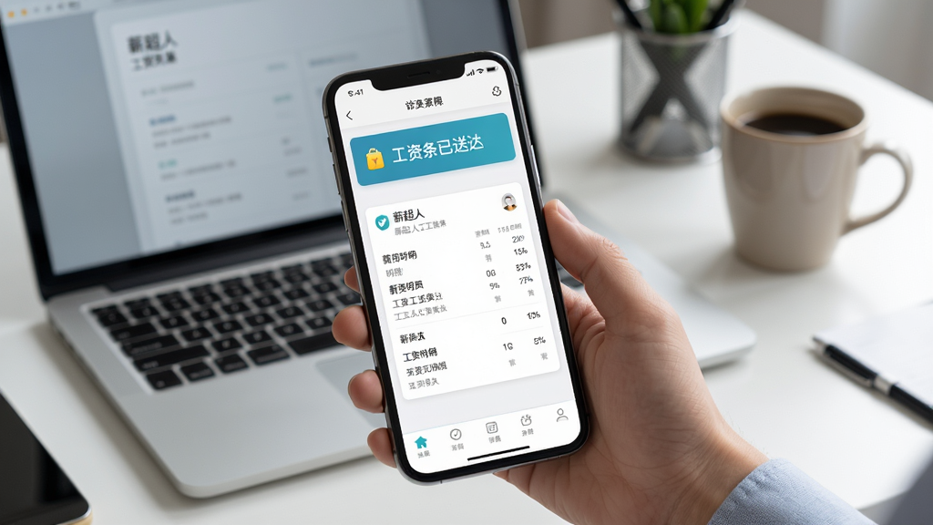一张以“薪超人”工资条推送功能为主题的场景展示图,主体为一只手拿着手机,手机屏幕显示薪超人工资条详情页面,页面顶部有“工资条已送达”的通知横幅,下方为薪资明细卡片,背景为办公桌面环境,风格为写实生活化场景,细节包括桌面上的笔记本电脑与咖啡杯,画质高清,画面干净,无多余元素