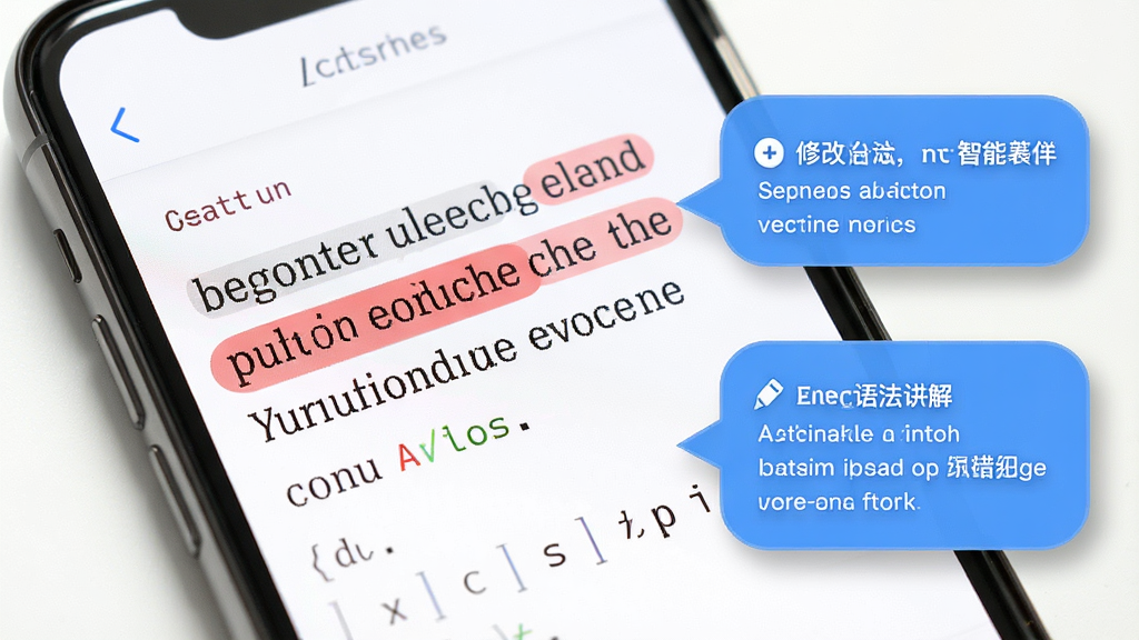 英语语法AI版 智能纠错功能展示图,画面主体为手机屏幕特写,屏幕上用红色高亮标出一段英文中的语法错误,旁边有蓝色气泡显示修改建议和语法讲解,风格简洁明快,细节包括清晰的字体渲染和柔和的阴影效果,画质高清,干净,无多余元素