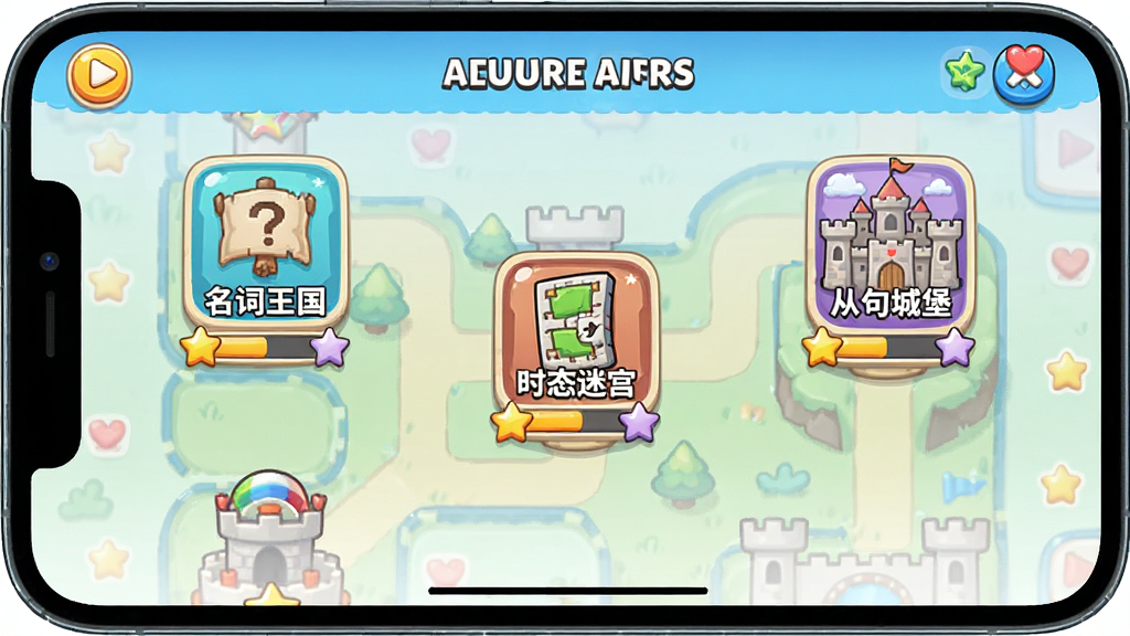 英语语法AI版 分级课程列表截图,画面主体为手机屏幕,屏幕上显示着类似游戏关卡地图的课程列表,有“名词王国”、“时态迷宫”、“从句城堡”等关卡节点,风格为趣味教育游戏风格,细节包括色彩丰富的图标和进度星星,画质高清,干净,无多余元素