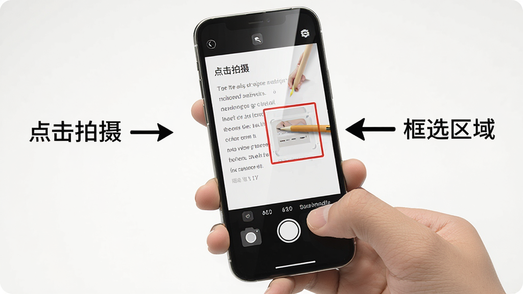 英语语法AI版 移动端操作示意图,画面展示一只手拿着手机,屏幕上显示着拍照批改作文的界面,旁边有箭头标注“点击拍摄”和“框选区域”,风格为简洁教程风格,细节包括清晰的手部动作和屏幕反光效果,画质高清,干净,无多余元素