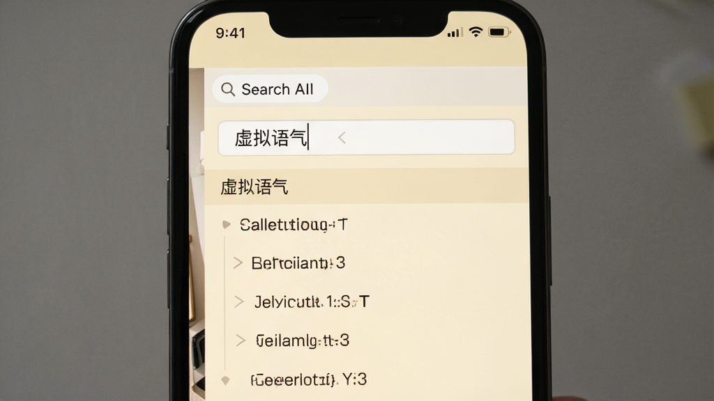英语语法AI版 离线手册查询界面,画面展示手机屏幕上的搜索框和目录列表,搜索框内有“虚拟语气”字样,下方列出相关语法条目,风格为极简工具书风格,细节包括清晰的层级排版和米色护眼背景,画质高清,干净,无多余元素