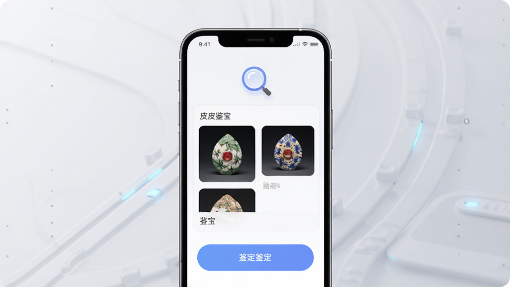 皮皮鉴宝手机应用主界面展示,画面中央是一部智能手机,屏幕显示鉴宝功能页面,包含放大镜图标、藏品图片预览区域和鉴定按钮,背景为柔和的浅灰色渐变,布局简洁清晰,风格现代科技感,细节精致,画质高清,干净无多余元素