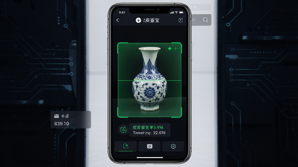 皮皮鉴宝智能识别功能界面,手机屏幕显示一件瓷器被扫描识别,画面中出现绿色扫描框和识别数据标签,背景为深色科技风格,布局居中,细节清晰,画质高清,干净无多余元素
