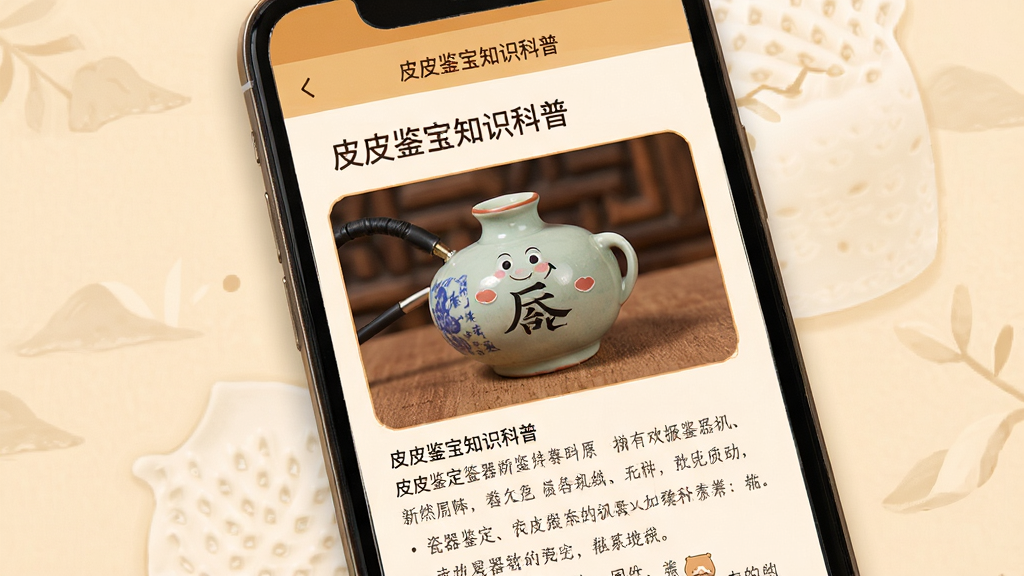皮皮鉴宝知识科普页面,手机屏幕显示一篇关于瓷器鉴定的图文文章,页面中有插图和文字排版,背景为暖色调阅读风格,布局舒适,细节精致,画质高清,干净无多余元素