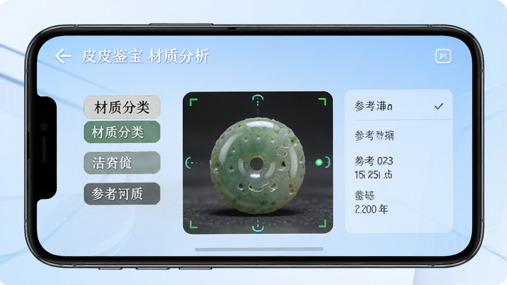 皮皮鉴宝材质分析界面,手机屏幕展示一块玉石被分析,屏幕上出现材质分类标签和参考数据,背景为淡蓝色渐变,布局清晰,风格专业简洁,细节丰富,画质高清,干净无多余元素