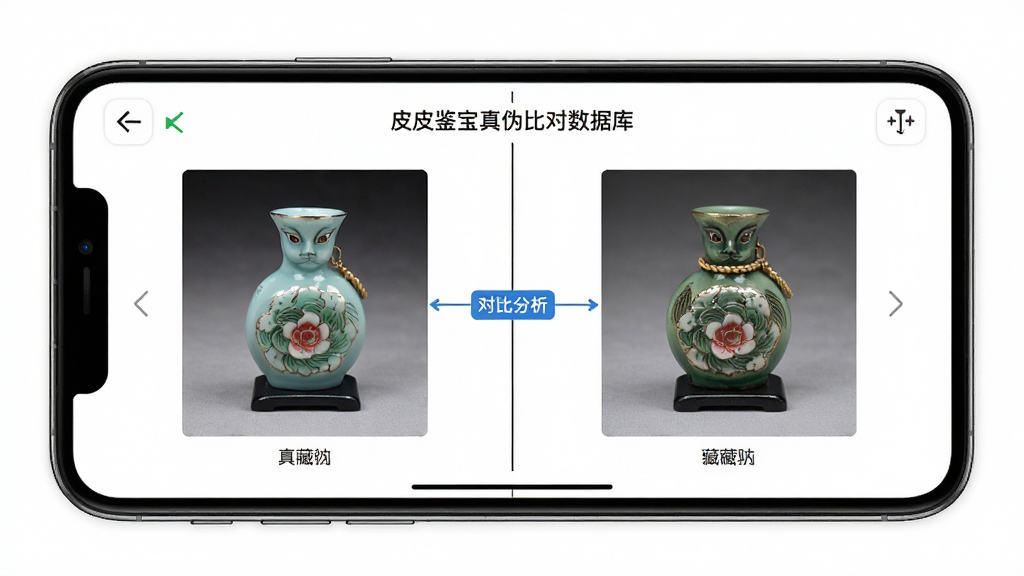 皮皮鉴宝真伪比对数据库界面,手机屏幕显示左右分屏对比两张藏品图片,中间有对比分析标注线,背景为白色简洁风格,布局对称,细节清晰,画质高清,干净无多余元素