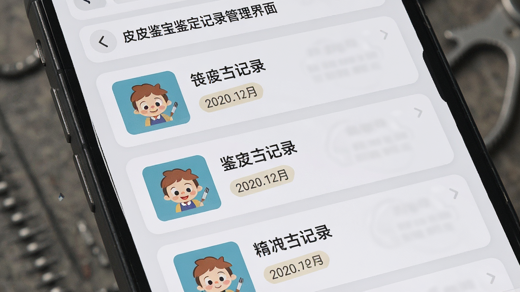 皮皮鉴宝鉴定记录管理界面,手机屏幕显示一个列表页面,包含多条鉴定记录缩略图和日期标签,背景为浅灰色卡片式布局,风格简约,细节清晰,画质高清,干净无多余元素