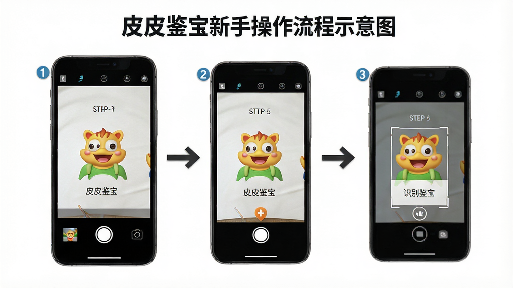 皮皮鉴宝新手操作流程示意图,画面展示手机屏幕从拍照到识别结果的完整操作步骤,包含箭头引导和步骤编号,背景为白色简洁风格,布局清晰,细节精致,画质高清,干净无多余元素