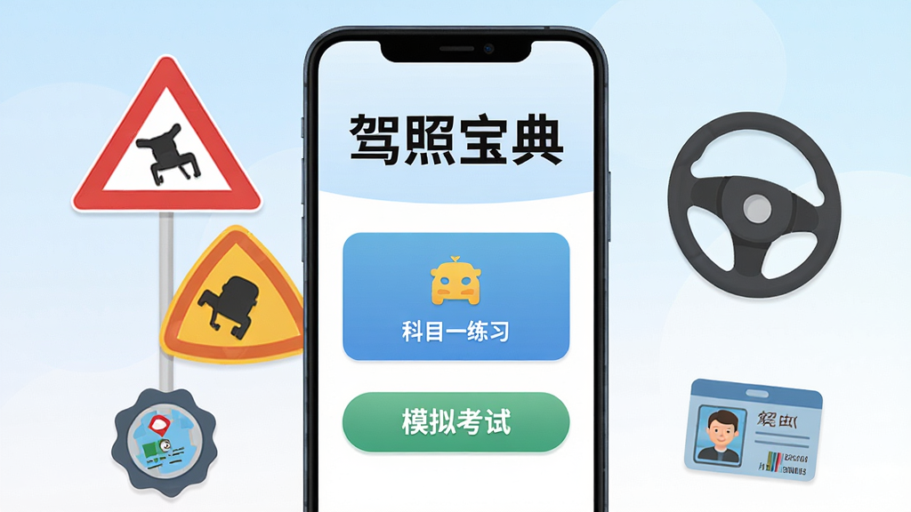 画面中央放置一部竖屏安卓手机,手机屏幕内展示“驾照宝典”应用首页,界面顶部写有“驾照宝典”四个中文字,屏幕中间是科目一练习入口和模拟考试按钮,手机周围环绕交通标志牌、方向盘、驾驶证小图标,整体采用扁平化清新风格,背景为浅蓝到白色的柔和渐变,画面干净整洁,无多余装饰元素,高清画质,适合下载站配图
