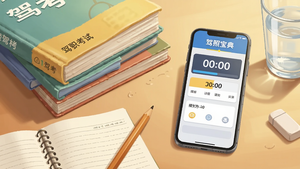 一张横向构图的学习场景图,画面左侧是一叠驾考教材和笔记本,右侧是一部手机,手机屏幕显示“驾照宝典”模拟考试界面,屏幕上方有倒计时数字和得分区域,桌面摆放铅笔、橡皮和一杯水,整体采用温暖明亮的写实插画风格,细节丰富,画质清晰,画面干净无杂乱元素