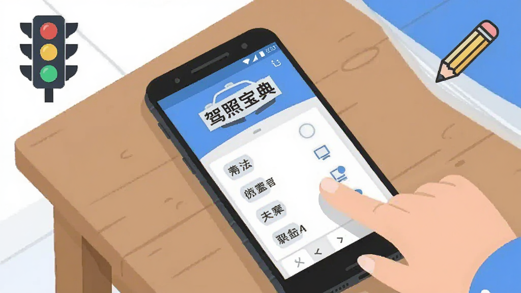 一部安卓手机放置在桌面上,屏幕显示“驾照宝典”做题界面,旁边有一只手正在点击选项,画面角落有交通信号灯和考试铅笔的简笔图标,整体风格为扁平化插画,色调以蓝白为主,构图简洁,画质清晰,无多余元素