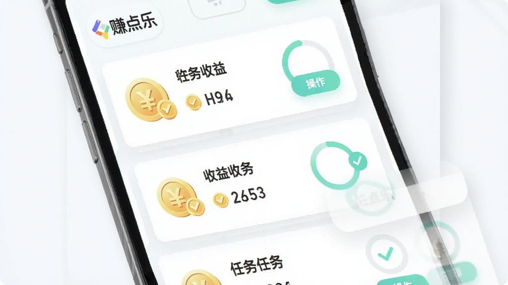 赚点乐任务列表页面截图风格,主体为手机屏幕显示多个任务卡片,布局为纵向滚动列表,排版每张卡片包含任务图标、任务名称、收益数字和操作按钮,风格为清新浅色系移动端设计,细节包括金币符号、对勾标记、进度环,画质高清干净无多余元素,画面中文字包含“赚点乐”