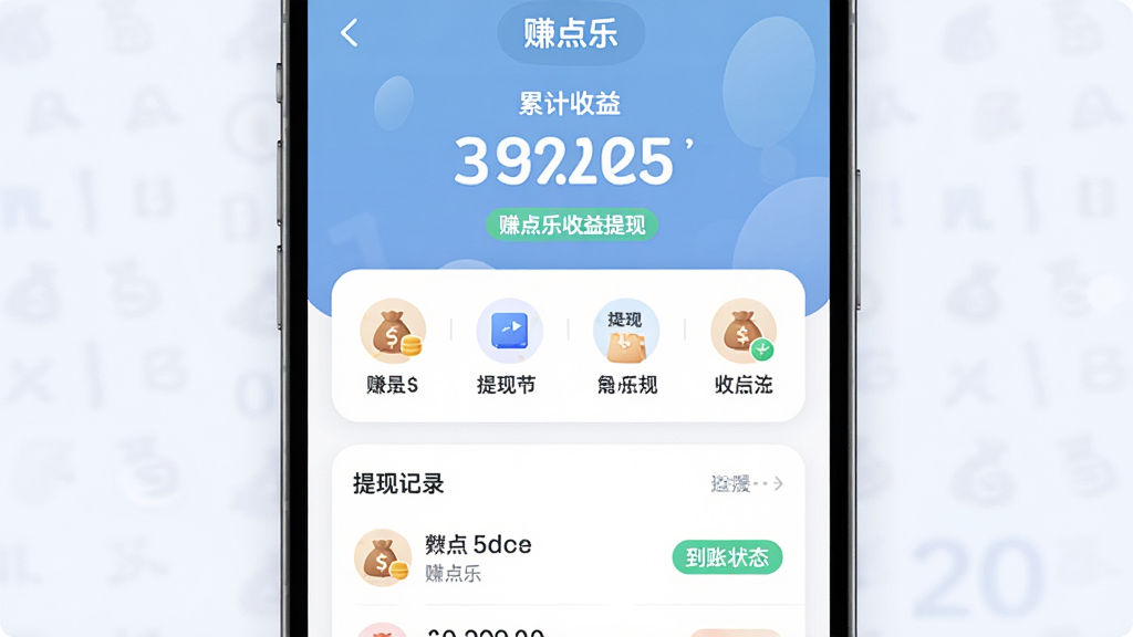 赚点乐收益提现页面示意图,主体为手机屏幕展示收益数字和提现按钮,布局上方为累计收益大字号显示,中部为提现方式图标排列,下方为提现记录列表,风格为柔和圆角卡片式移动端设计,细节包括钱袋图标、到账状态标签、进度提示,画质高清干净无多余元素,画面中文字包含“赚点乐”