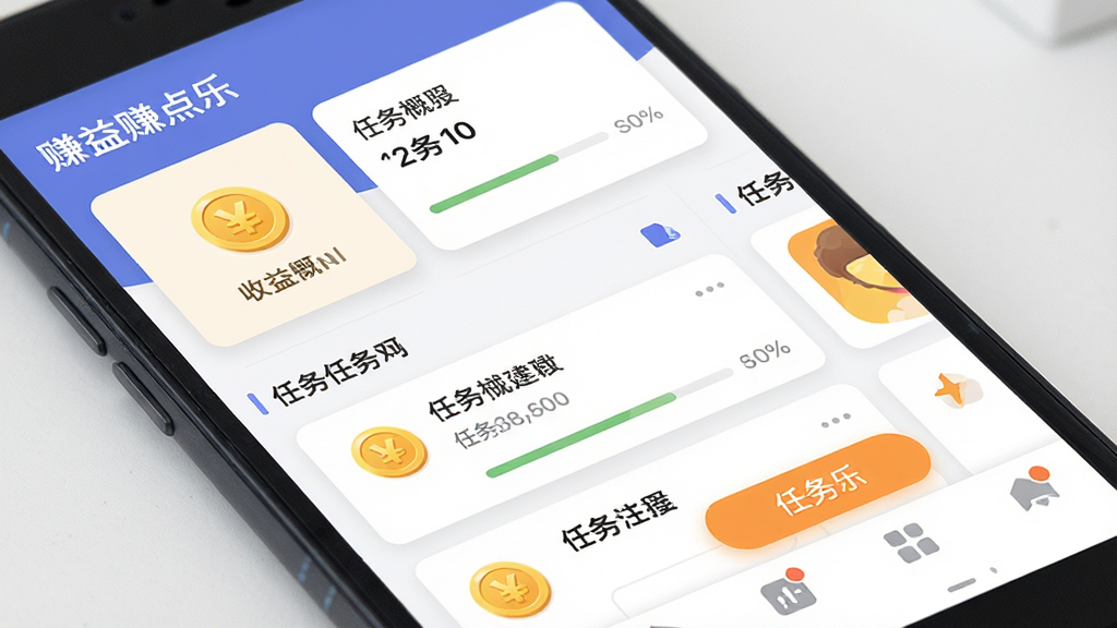 赚点乐应用主界面全貌展示,主体为一部安卓手机屏幕特写,屏幕内显示赚点乐APP首页,布局包含顶部收益概览卡片、中部任务列表滚动区、底部导航栏,排版清晰层次分明,风格为现代扁平化移动端UI设计,细节包括金币图标、任务进度条、按钮高亮色块,画质高清干净无多余元素,画面中文字包含“赚点乐”