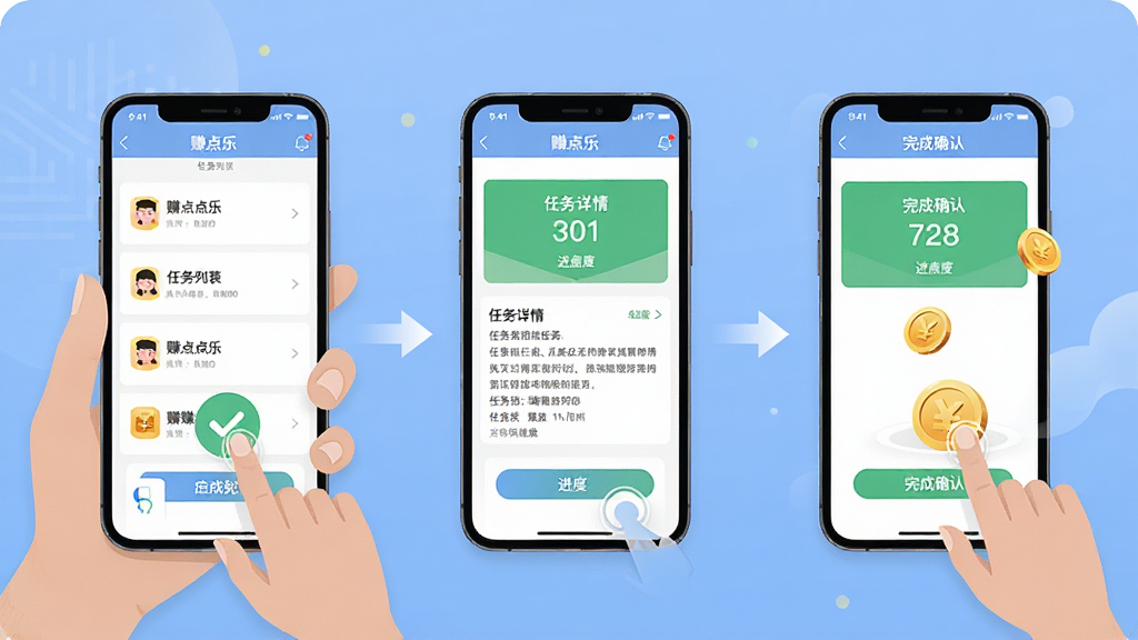 赚点乐移动端操作步骤示意图,主体为手持手机展示赚点乐应用内任务完成流程,布局从左到右依次为任务列表、任务详情、完成确认三个界面,排版为横向排列的步骤图,风格为简洁明快的教程插图风格,细节包括手指点击动作、进度对勾、金币飘落效果,画质高清干净无多余元素,画面中文字包含“赚点乐”