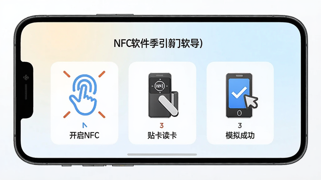 手机屏幕显示NFC开门软件的新手引导页面,包含“开启NFC”、“贴卡读卡”、“模拟成功”三个步骤图示,背景为浅色渐变,风格清晰易懂,细节丰富,画质干净,无多余元素。