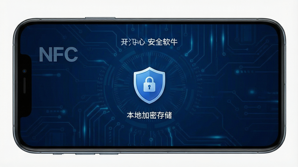手机屏幕显示NFC开门软件的安全中心界面,包含盾牌图标和“本地加密存储”文字,背景为深蓝色科技纹理,风格安全可靠,细节清晰,画质干净,无多余元素。