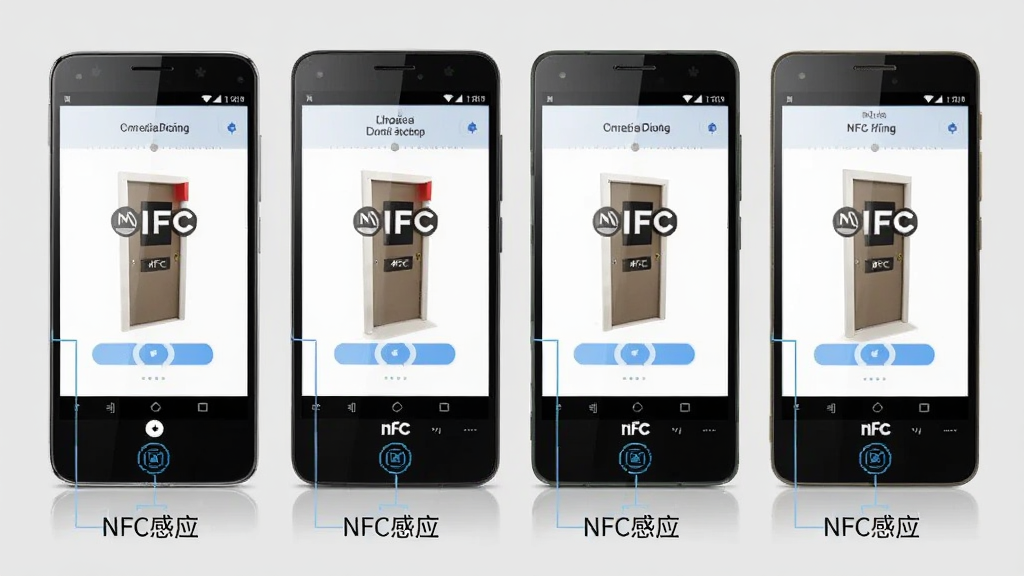 多款不同品牌的安卓手机并排展示,每台手机屏幕均显示NFC开门软件界面,手机下方标注NFC感应区域位置,背景为浅灰色,风格科技感,细节清晰,画质干净,无多余元素。