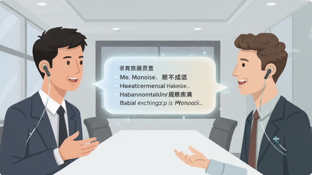 一张描绘 Monoise 实时翻译场景的插画,画面左侧是一位说中文的商务人士,右侧是一位说英文的外国友人,两人中间悬浮着一个发光的对话气泡,气泡内显示着中英文字幕。两人耳畔均佩戴着 Monoise 无线耳机。背景为现代简约的会议室,风格为扁平化科技插画,色彩柔和,画质清晰,无多余元素。