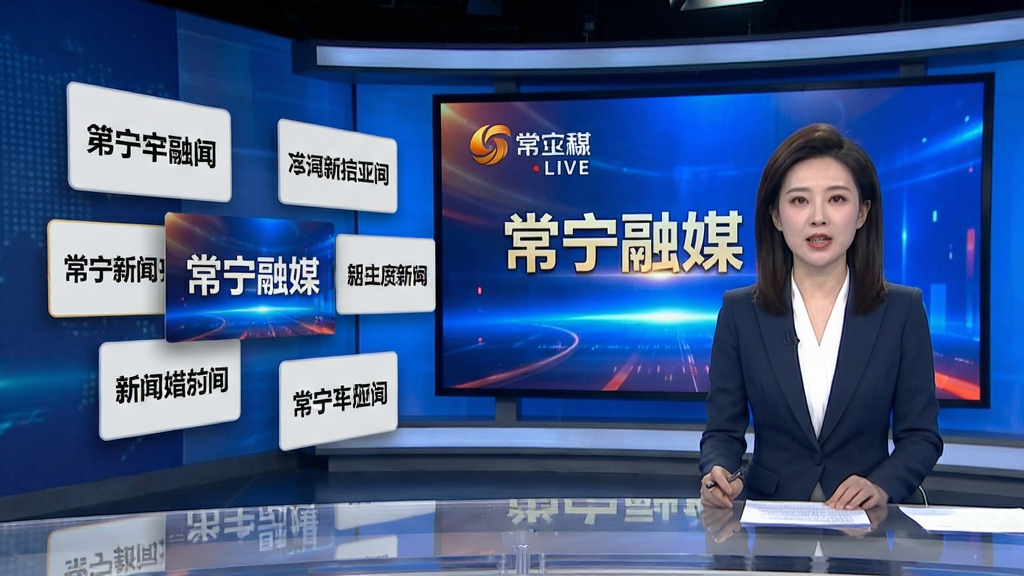 画面主体为一个新闻演播室场景,背景大屏幕显示“常宁融媒”的新闻直播画面,画面中有主播正在播报新闻。布局采用三分法构图,主播位于画面右侧,左侧留白处悬浮着多个新闻标题卡片。排版整齐有序,风格为专业新闻播报风格,细节上屏幕色彩鲜艳,文字清晰可辨,画质高清,画面干净,无多余元素。