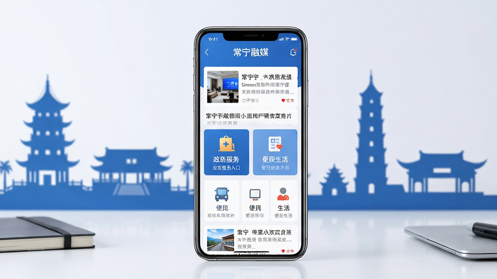 画面主体为一款智能手机,手机屏幕中清晰展示着名为“常宁融媒”的APP界面,界面中包含新闻资讯列表、政务服务入口和便民生活图标。手机放置在一张整洁的办公桌上,旁边点缀着常宁当地标志性建筑剪影作为背景元素。布局采用居中构图,手机为视觉焦点。排版简洁直观,风格为现代科技感与新闻专业感结合,细节上屏幕显示清晰无噪点,色彩以蓝色和白色为主色调,画质为高清4K,画面干净,无多余元素干扰。
