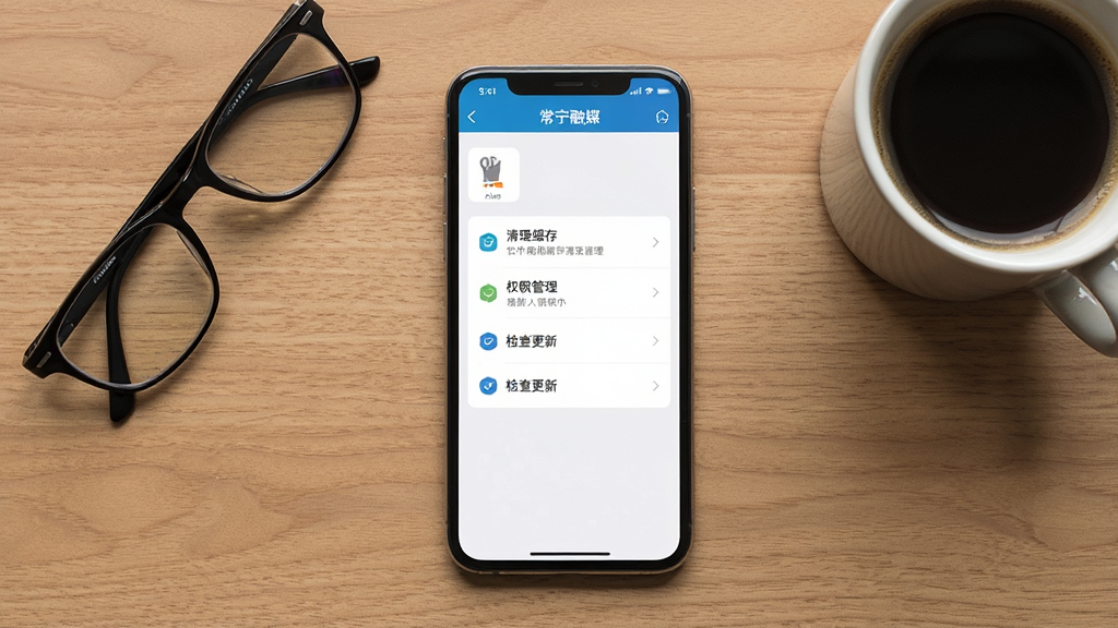 画面主体为一部手机屏幕显示“常宁融媒”APP的设置页面,页面中包含清理缓存、权限管理、检查更新等选项。手机旁边放着一副眼镜和一杯咖啡,背景为木质桌面。布局采用俯视角度,手机位于画面中央。排版清晰明了,风格为简约办公风格,细节上屏幕界面图标和文字清晰可见,画质高清,画面干净,无多余元素。