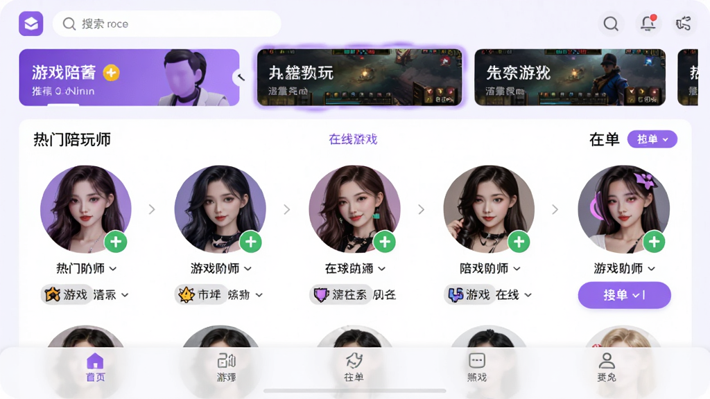 游戏陪玩酱软件主界面,整体布局清晰,上方为搜索栏与轮播推荐位,中部展示热门陪玩师头像列表与在线状态标签,底部为导航菜单栏,风格简洁现代,配色以紫色与白色为主,细节包括陪玩师头像、游戏分类图标、接单按钮,画质高清,界面干净,无多余元素