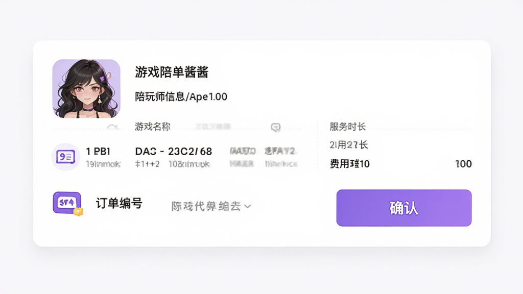 游戏陪玩酱订单确认页面,画面展示订单详情卡片,包含陪玩师信息、游戏名称、服务时长、费用明细与确认按钮,布局清晰,风格简洁,配色以白色与紫色为主,细节包括支付图标与订单编号,画质高清,界面干净,无多余元素